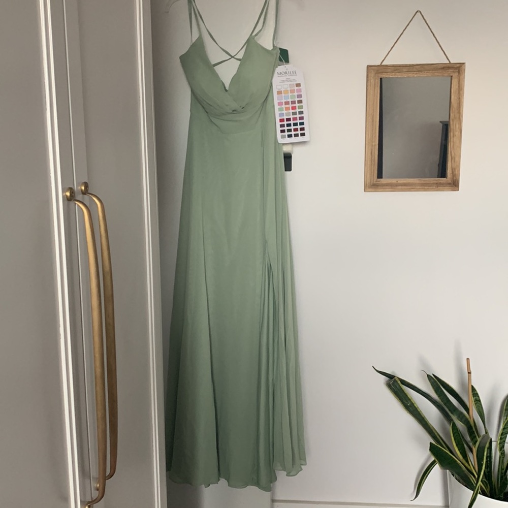 NWT Morilee bridesmaid dress in sage. Unworn, unaltered. Size 10. Style #21607